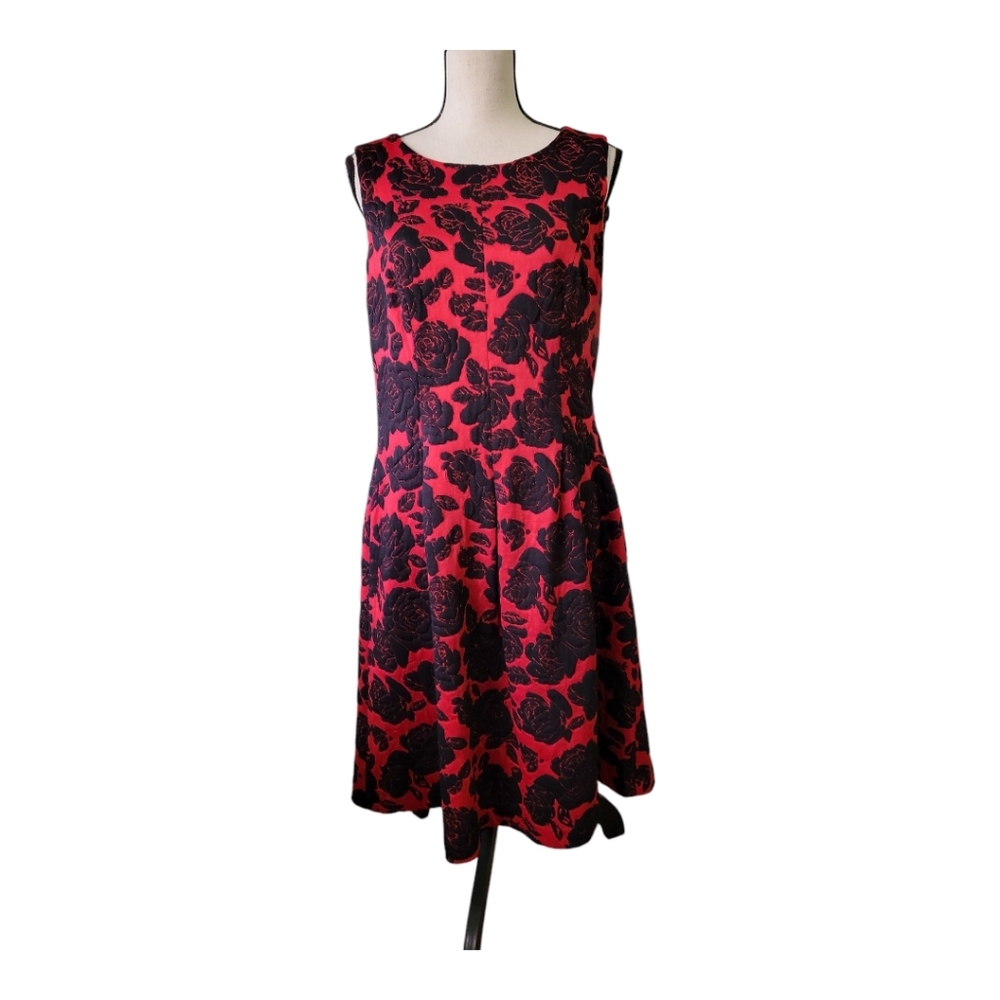 Adrianna Papell Red And‎ Black Floral Midi Dress Size 12